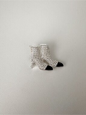 Crystal Embellished Silver Ankle Boots Brooch with Black Cap Toe